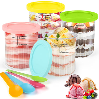 Apritsce Creami Deluxe containers for Ninja ice cream maker, 4 pieces of ice cream containers for Ninja NC500EU, Creami Creami Deluxe accessories with lids and spoons, dishwasher safe for Ninja ice cream containers.