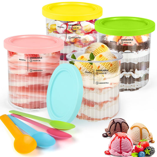 Apritsce Creami Deluxe containers for Ninja ice cream maker, 4 pieces of ice cream containers for Ninja NC500EU, Creami Creami Deluxe accessories with lids and spoons, dishwasher safe for Ninja ice cream containers.
