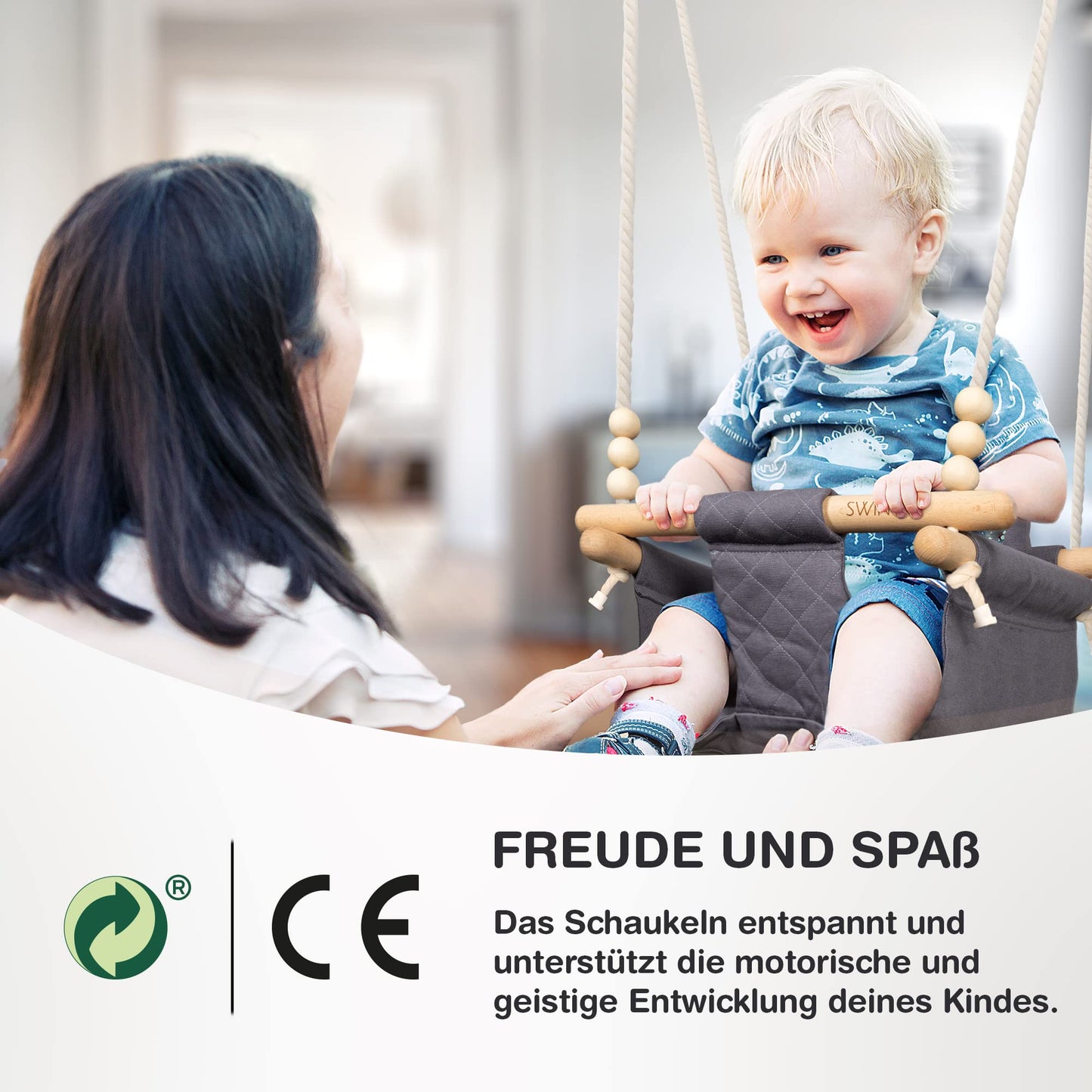 SWINGG® Baby Swing Indoor Outdoor - Comfortable baby swing with safety belt | sturdy mounting set & anti-slip seat cushion | Door frame swing made of wood & cotton, certified for EU.