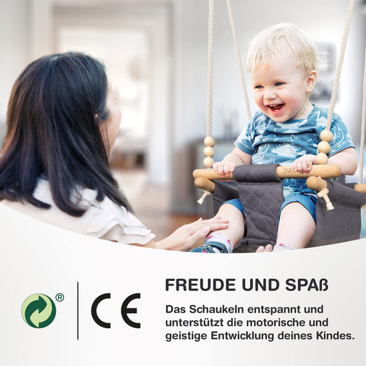 SWINGG® Baby Swing Indoor Outdoor - Comfortable baby swing with safety belt | sturdy mounting set & anti-slip seat cushion | Door frame swing made of wood & cotton, certified for EU.