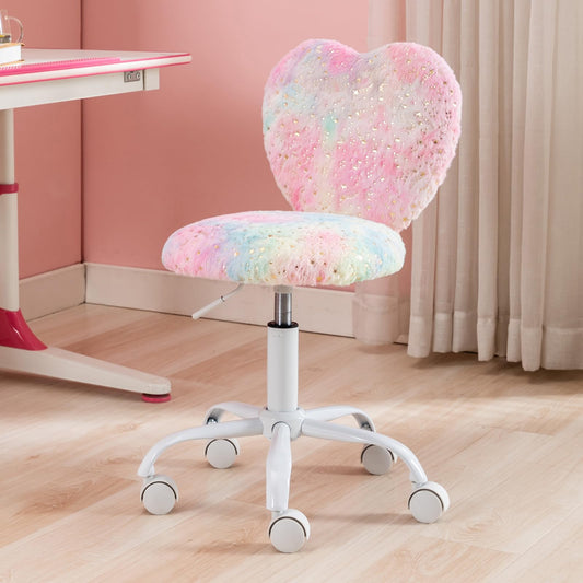 Chairus kids' desk chair made of faux fur. Adjustable height swivel chair without armrests. Study chair computer chair with heart-shaped backrest (Colourful)