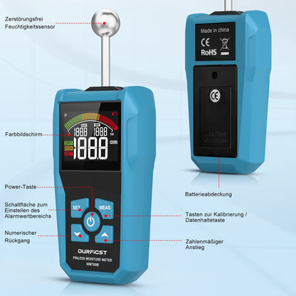 Moisture meter, DURFICST moisture gauge with color LCD and audible alarm, suitable for all building materials, wood, walls, plaster, masonry, 20-40 mm analysis depth.