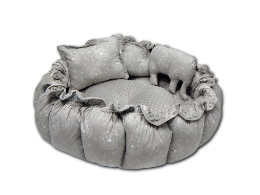 LOOLAY Babynest 3in1 XXL – Baby nest, play mat, and travel bed 90/155cm - Handmade from cotton with ruffles - Perfect for twins (Dandelion Grey/Minky Grey)