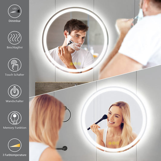AI-LIGHTING Round Bathroom Mirror with Lighting 50 cm LED Bathroom Mirror with Lighting Anti-fog Dimmable 3 Light Colors Illuminated Bathroom Mirror with Light Wall Mirror with Light