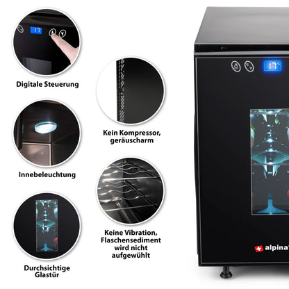 Alpina Wine Cooler 18L - Cooler for 6 bottles - Bottle chiller 230V - Temperature adjustable from 11°C to 18°C - Glass door and interior lighting - Low noise to silent operation - Black