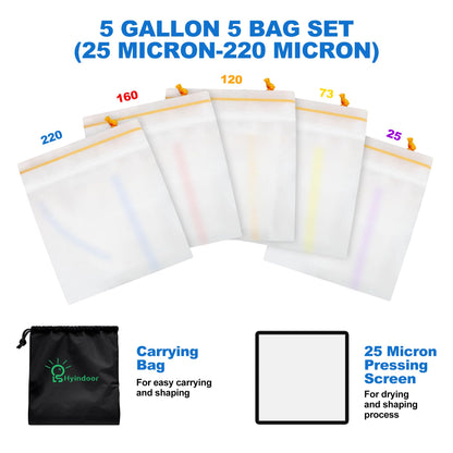 Indoor Bubble Bags All Mesh 5 Gallon 5 Bags Set Bubble Hash Bag Ice-O-Lator Herbal ICE Essence Extractor Kit with Pressure Screen and Carrying Bag for Herb Extraction and Hash Production