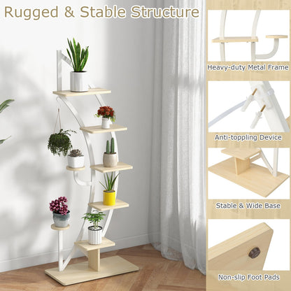 COMFOTEU 5-Tier Plant Stand, Metal Flower Stand, Plant Stand with Anti-Tipping, Flower Stand with 7 Levels & 1 Hook, Display Shelf for Garden Balcony Living Room, White (1 Piece)