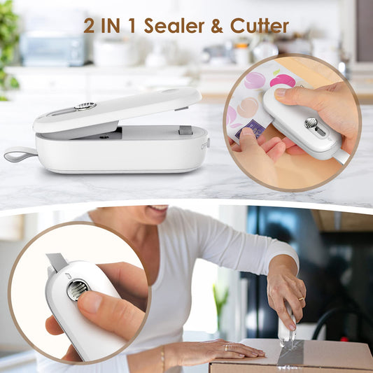 ODSD Mini Heat Sealer, 2 in 1 Bag Sealer with Cutter Sealing Machine Hand Sealing Device for Plastic Bags Pouch Chip Bags Food Storage Snack (White)