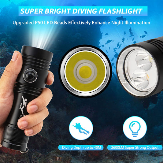 Kriogor 2600 Lumens Diving Flashlight, Underwater Submarine Light with 2 Modes, IPX7 Waterproof LED Dive Torch for Underwater, Outdoor (Battery not included)