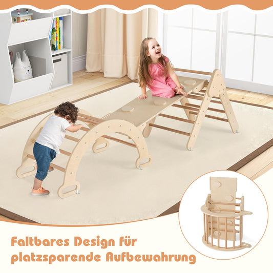 GOPLUS Climbing Frame Indoor, 4 in 1 Climbing Triangle & Climbing Arch & Ladder & Slide, Rung Triangle Playground for Climbing, Sliding and Rocking, for Toddlers from 1 year old (Natural)