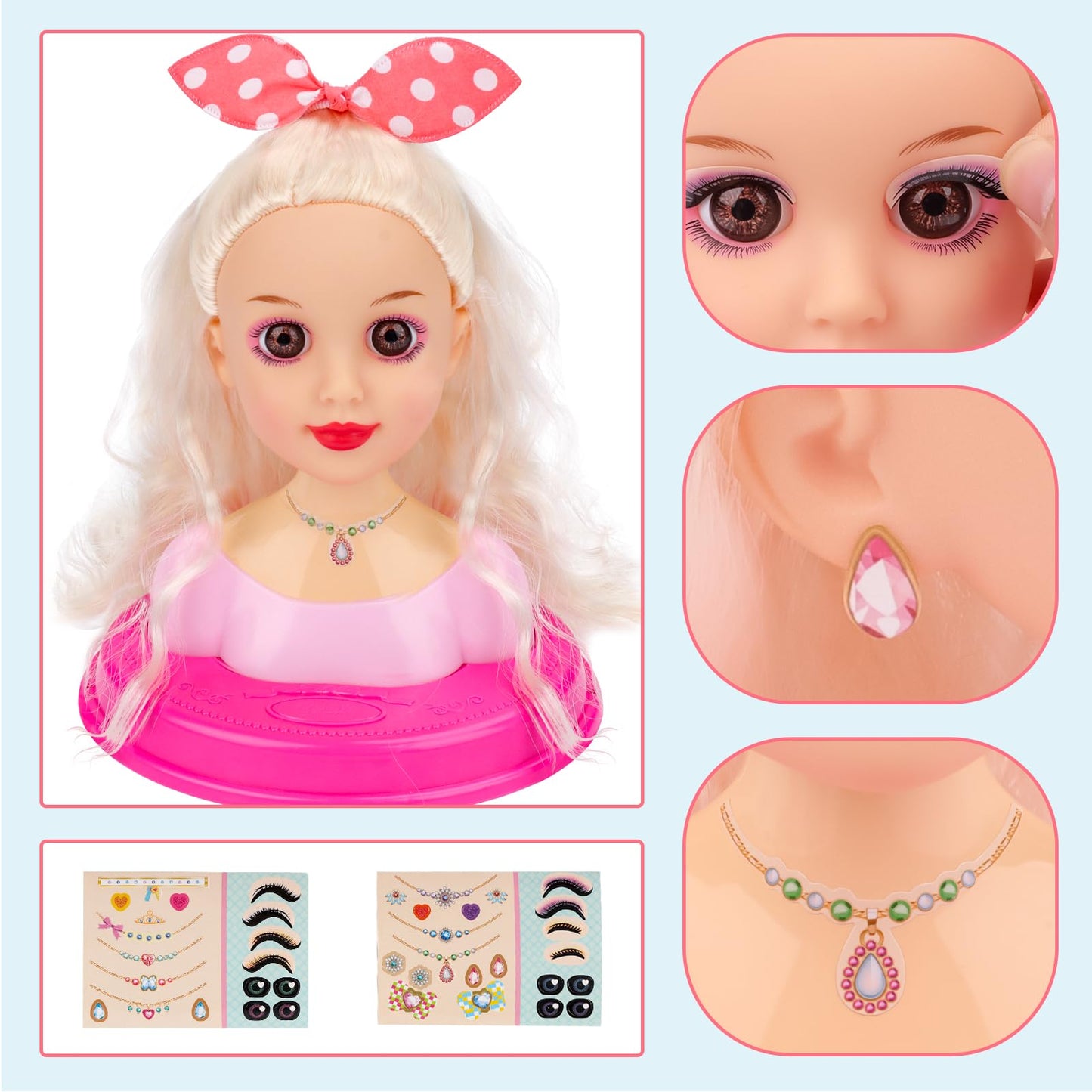 deAO Styling Head Doll for Kids, Styling Doll Head with Hair Dryer, Styling Head for Princess Dolls, Hair & Makeup Accessories, Toy for Girls 3+ years old