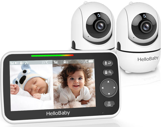 HelloBaby baby monitor with 2 cameras, 3500 mAh battery, 5" split screen, 355°/120° pan-tilt baby monitor, no WiFi, ECO mode, 2-way audio, night vision, 8 lullabies.