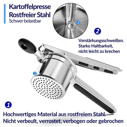 Potato masher, spaghetti ice cream maker, 405ML heavy-duty stainless steel potato press makes fluffy mashed potatoes, strong ricer disc without mess, with comfortable silicone handle, dishwasher safe.