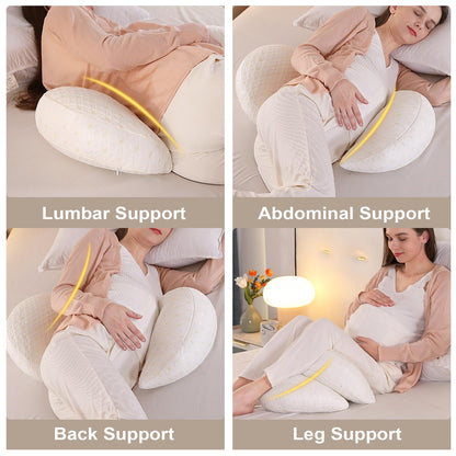 The SHANNA New Pregnancy Pillow is adjustable and comfortable for adults. It is a full body support pillow that can also be used as a nursing pillow. The cover is removable and washable. It is white in color.
