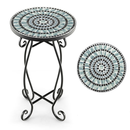HOMASIS garden table side table with mosaic pattern, plant stand with round tabletop made of metal & tiles, balcony table for garden, balcony & living room (black+grey)