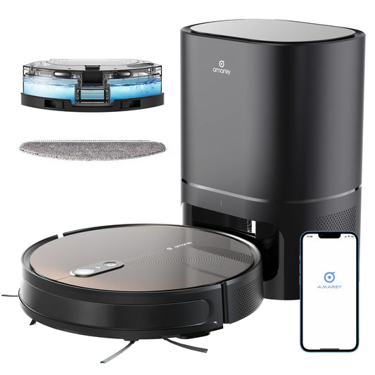 Amarey robot vacuum with self-emptying dock and mopping function, vacuum robot with automatic disposal dock, visual navigation, app & Alexa control, for pet hair, hard floors, carpets.