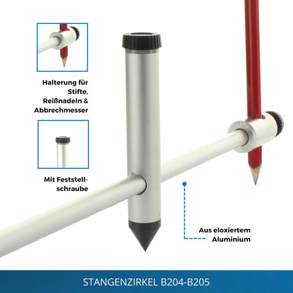 hedue® Straight Compass 100 cm - Precision large compass, marking compass made of anodized aluminum, professional compass with pencil holder for marking & transferring larger circle shapes.