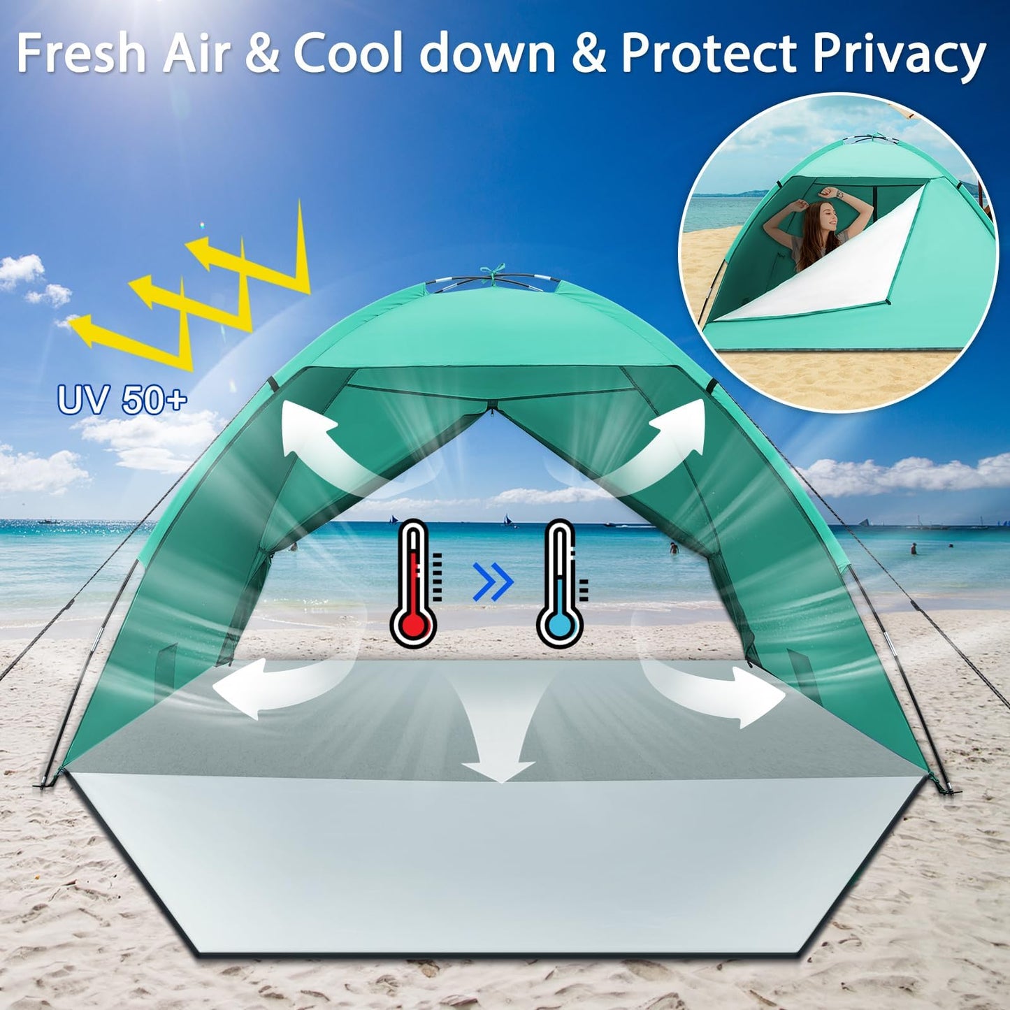 Beach tent, UV protection 50+ Family tent XXL Beach tent Front and back door with zipper Privacy screen Ventilation Wind protection Sun protection Beach shelter Small pack size for beach, garden