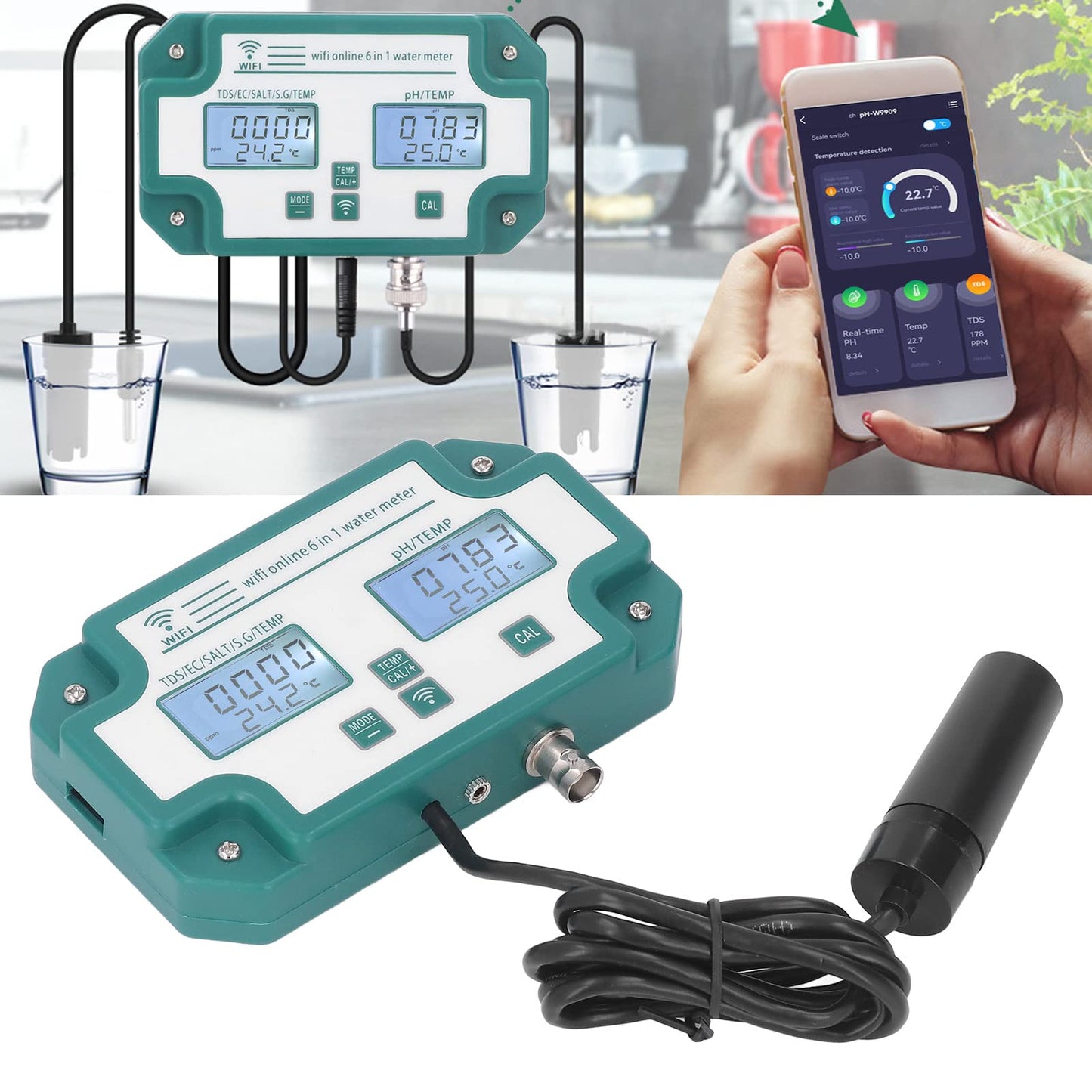 Kadimendium water quality measuring device, highly precise 6 in 1 PH TDS EC SG salt temperature tester with WiFi connection. Ideal for detecting water quality in drinking water. EU plug.