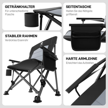 Ever Advanced folding camping chair supports up to 230KG. XL size with lumbar support, 62cm wide seat, side pocket, and drink holder. Great for camping, outdoor activities, balcony, and garden.