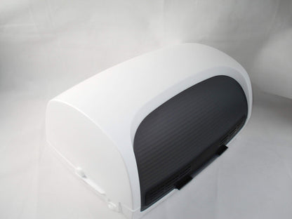 Tupperware bread box, lunch box, rectangular, white, black, 39.8 x 27.5 x 19.6 cm, 19,237.2 cubic centimeters, bread, bread box, food storage container.