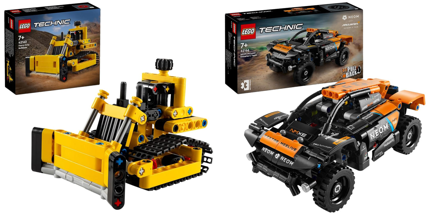 LEGO Technic NEOM McLaren Extreme E Race Car Set, toy car with pull-back motor & Technic Heavy Duty Bulldozer, toy bulldozer for building.