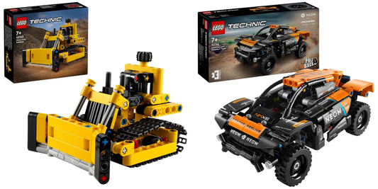 LEGO Technic NEOM McLaren Extreme E Race Car Set, toy car with pull-back motor & Technic Heavy Duty Bulldozer, toy bulldozer for building.