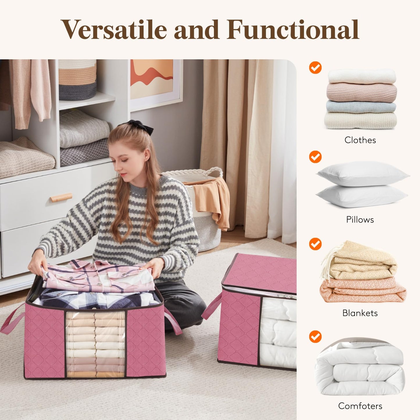 Lifewit 6-piece 90L Storage Bag, Storage Box with Lid, Large Clothes Storage Moving Boxes, Foldable Storage Boxes for Comforters Blankets Clothes Underbed Closet, Pink