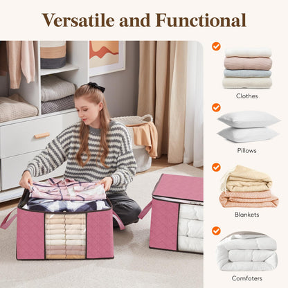 Lifewit 6-piece 90L Storage Bag, Storage Box with Lid, Large Clothes Storage Moving Boxes, Foldable Storage Boxes for Comforters Blankets Clothes Underbed Closet, Pink