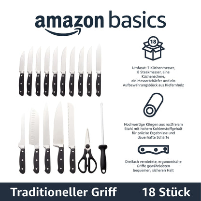 Amazon Basics Premium Knife Block, 18 Pieces, Black