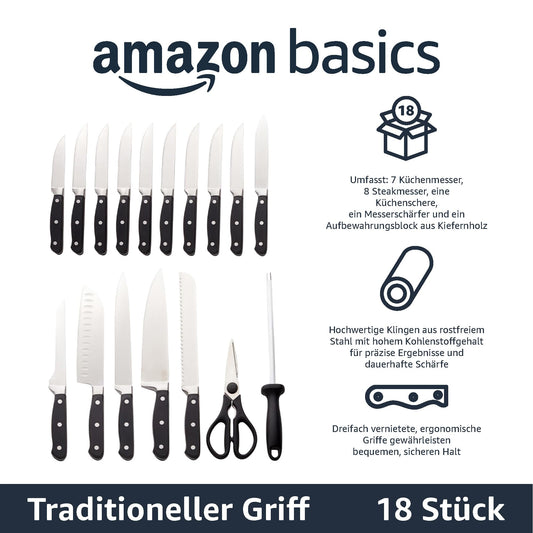 Amazon Basics Premium Knife Block, 18 Pieces, Black