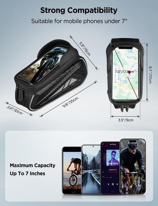 Vitalismo Bicycle Frame Bag Waterproof Handlebar Bag for smartphones up to 7 inches Phone mount Phone holder Top tube bag with TPU sensitive touchscreen for mountain bikes, road bikes (Silver)