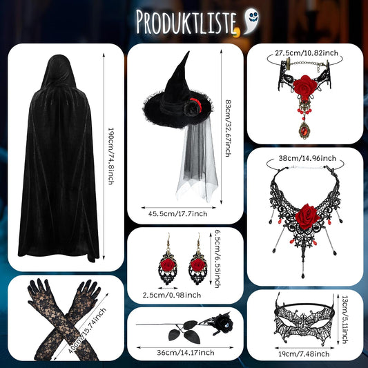 FHzytg Witch Costume Women Halloween, Halloween Costume Women with Black Cape, Lace Mask Necklace Gloves, Halloween Witch Hat, Vampire Sexy Creepy Witch Costume Cosplay Party