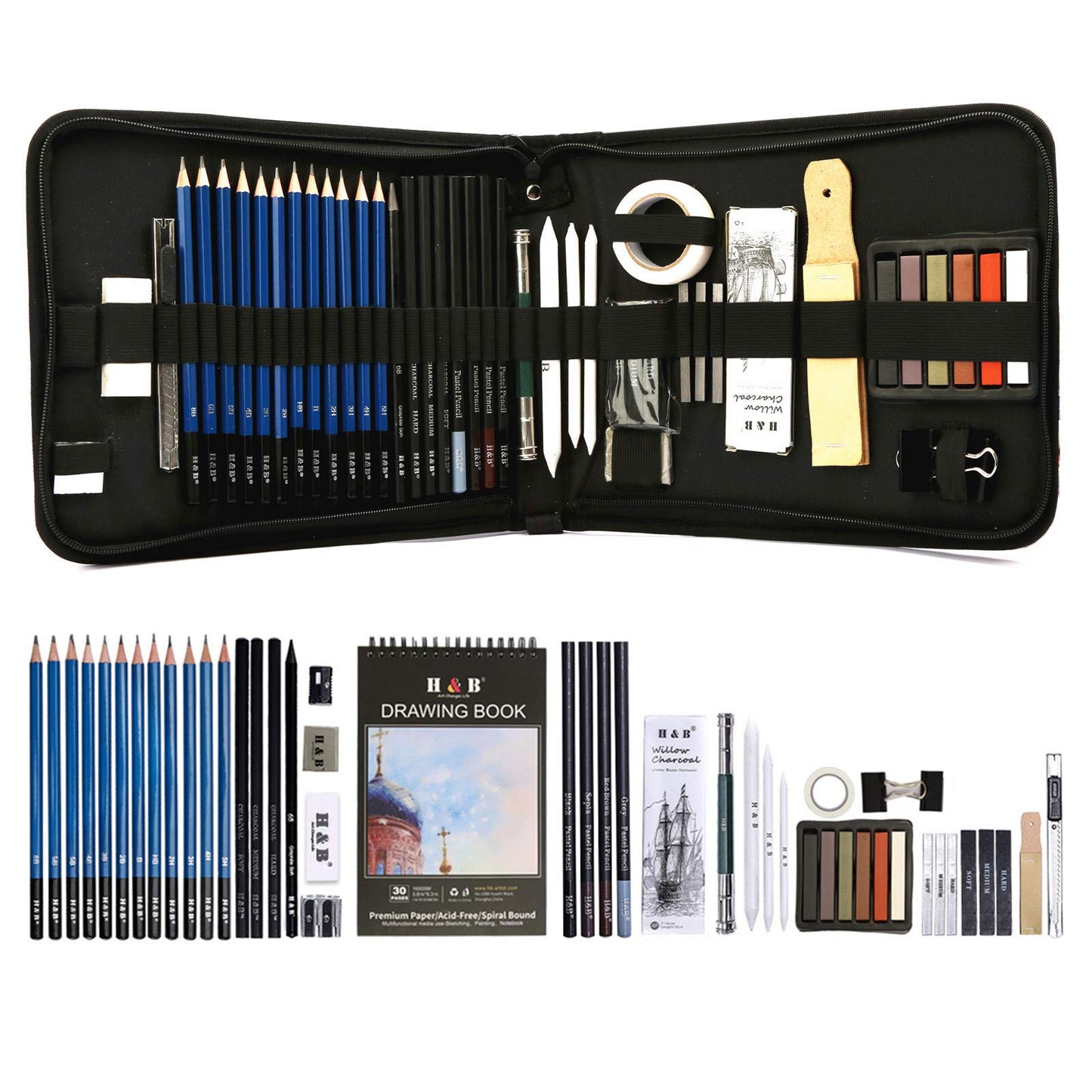 Cozii 51-piece charcoal pencil set includes graphite and color pencils, sketchbook, drawing supplies, and zippered carry case. Perfect for artists, adults.