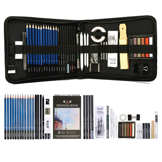 Cozii 51-piece charcoal pencil set includes graphite and color pencils, sketchbook, drawing supplies, and zippered carry case. Perfect for artists, adults.
