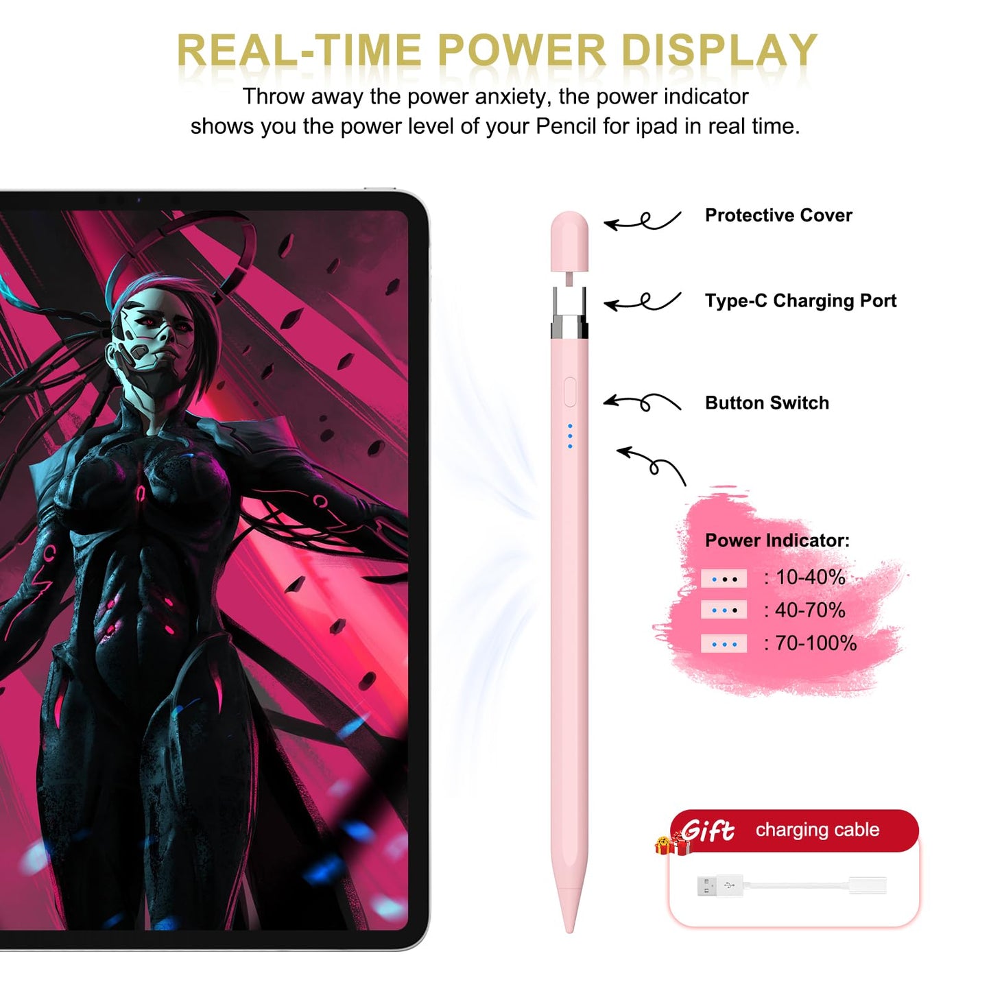 Pencil 1st Gen 4-20 Min Fast Charge (USB-C), Magnetic Stylus for iPad with Palm Rejection & Tilt Sensitivity, 2024 Pencil Stylus Pen for iPad 6-10, Air 3-5, Mini 5-6, Pro 11/12"