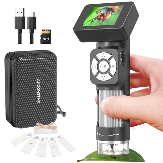 Andonstar AD112 Portable Pocket Microscope Kit for Kids and Adults with 2-inch LCD Screen, Mini Handheld Digital Microscope 500x with 8 adjustable LED lights, Windows PC compatible.