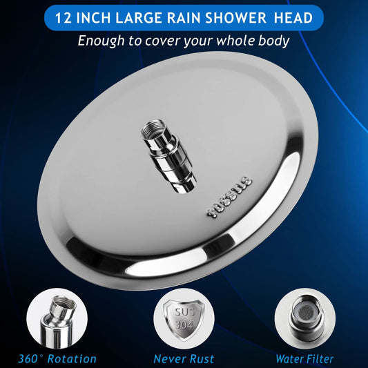 30cm Large Round Rain Shower, Voolan Circular High Pressure Shower Head made of 304 Stainless Steel, Comfortable shower experience even with low water pressure, Installable on wall or ceiling (Chrome)