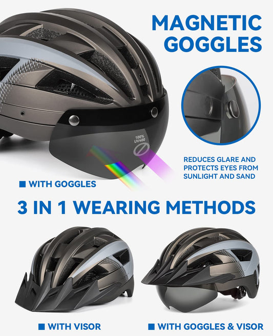 FUNWICT Bike Helmet with Visor for Men Women, Lightweight Bike Helmet with Magnetic Glasses and USB Charging LED Light, Stylish Mountain Bike Helmet Size M/L, White Black (XL: 59-63 cm, Titan Gray)