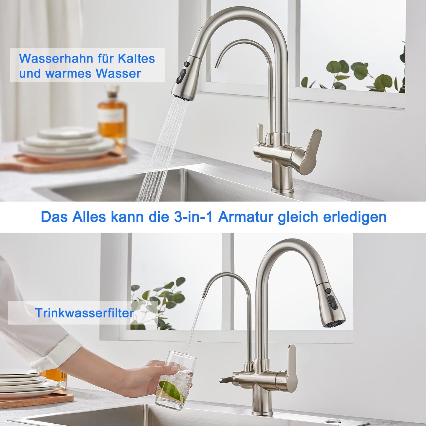 KEOKBON Kitchen Faucet with Drinking Water Faucet, 3-Way Kitchen Tap with High Arc, 3 in 1 Mixer Tap for Sink, Cold and Hot (Brushed Nickel)