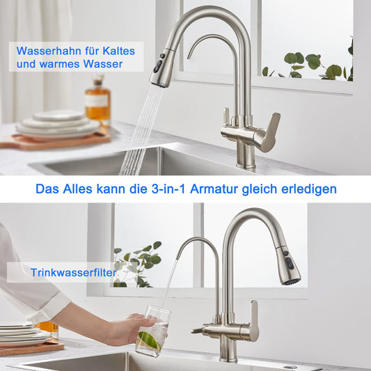 KEOKBON Kitchen Faucet with Drinking Water Faucet, 3-Way Kitchen Tap with High Arc, 3 in 1 Mixer Tap for Sink, Cold and Hot (Brushed Nickel)