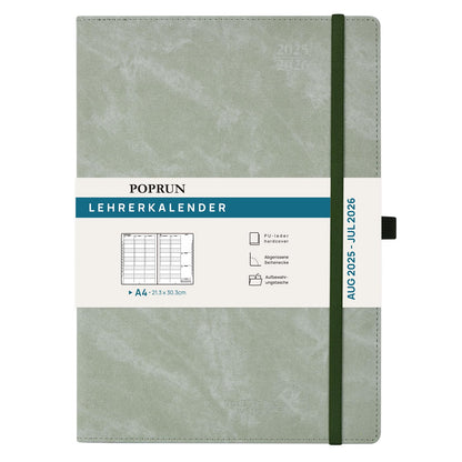 POPRUN Teacher Planner 2025 2026 A4 - Teacher Planner 25/26 for lesson planning with Monthly Index. School planner with PU Leather Hardcover for teachers - Olive Green.