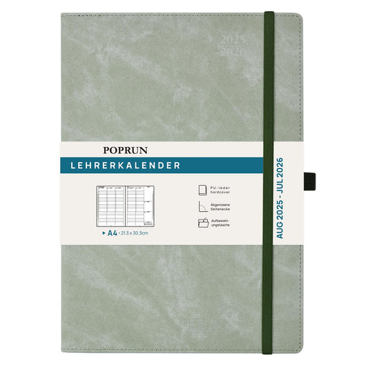 POPRUN Teacher Planner 2025 2026 A4 - Teacher Planner 25/26 for lesson planning with Monthly Index. School planner with PU Leather Hardcover for teachers - Olive Green.
