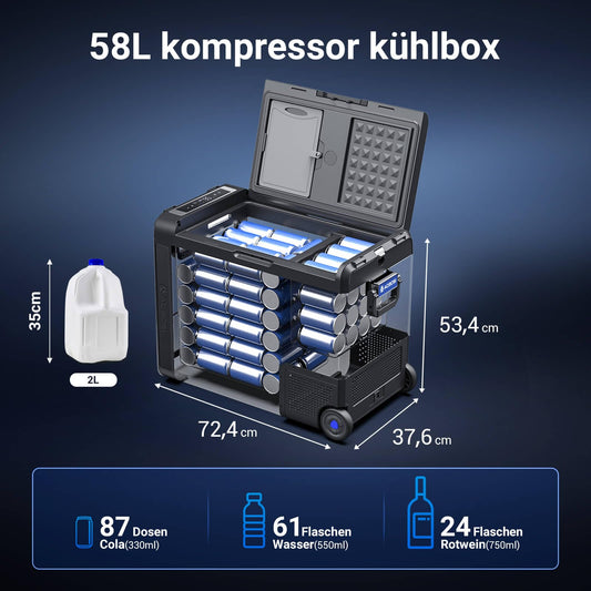 AAOBOSI Compressor Cooler 58L, Car Cooler -20°C to 20°C, Electric Cooler with USB Port, Durable Cooler 12/24V 230V for Cars, Trucks, Boats, RVs, Camping, and Fishing.
