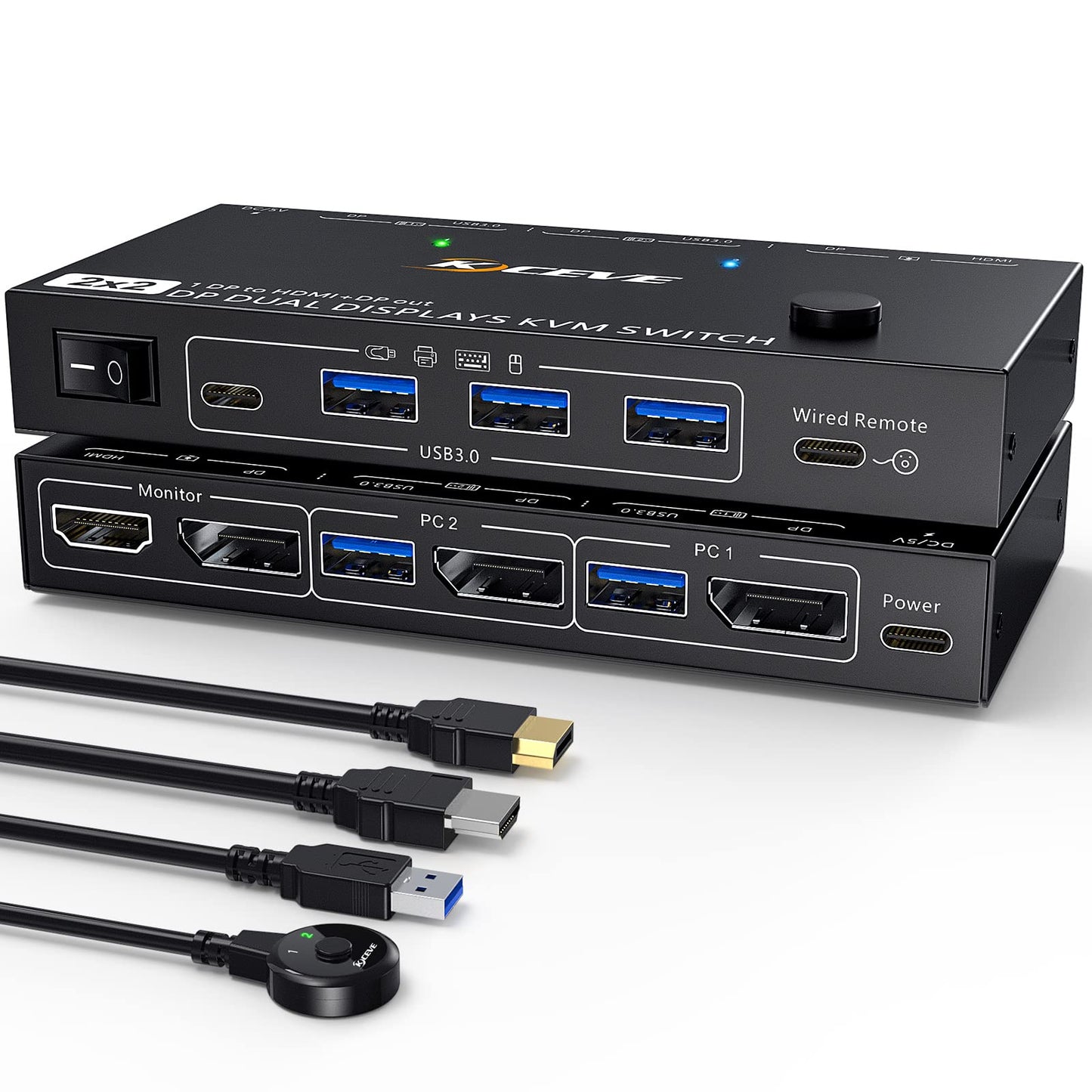 Dual Monitor DP KVM Switch, MST 2 In 2 Out DisplayPort USB3.0 KVM Switch Supports Extend and Mirror Modes, HDMI and DP monitor output for 2 computers, share 2 monitors.