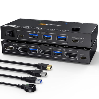 Dual Monitor DP KVM Switch, MST 2 In 2 Out DisplayPort USB3.0 KVM Switch Supports Extend and Mirror Modes, HDMI and DP monitor output for 2 computers, share 2 monitors.