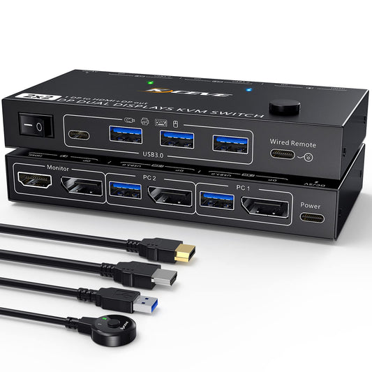 Dual Monitor DP KVM Switch, MST 2 In 2 Out DisplayPort USB3.0 KVM Switch Supports Extend and Mirror Modes, HDMI and DP monitor output for 2 computers, share 2 monitors.
