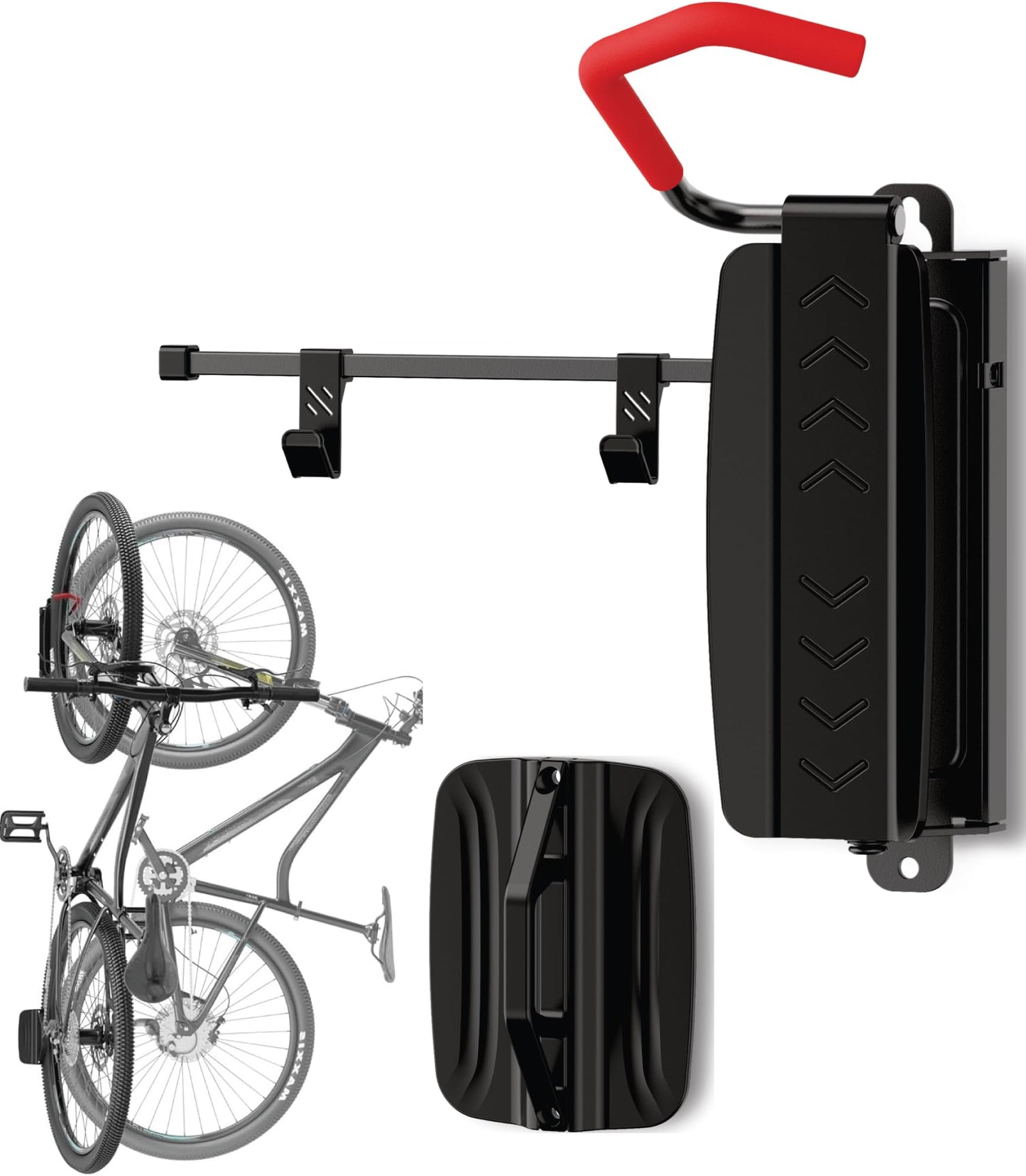 Swiveling vertical bike wall mount with 35 kg load capacity - bike wall mount for e-bike, MTB, and road bike - bike rack with extra soft hooks - bike storage wall mount (1 piece)