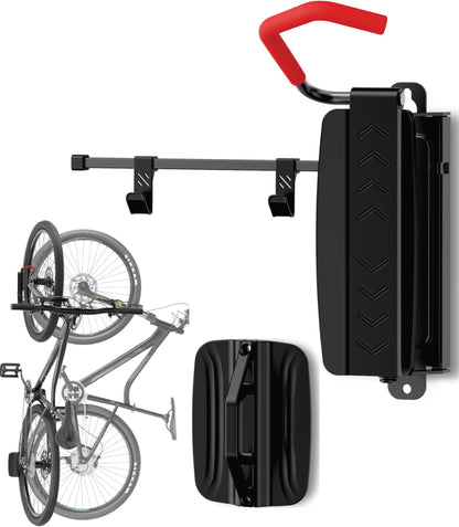 Swiveling vertical bike wall mount with 35 kg load capacity - bike wall mount for e-bike, MTB, and road bike - bike rack with extra soft hooks - bike storage wall mount (1 piece)