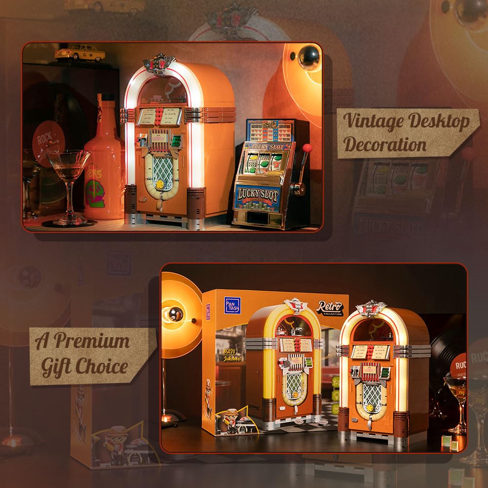 PANTASY Retro Jukebox building set with coin & sound function. Mechanical Music Box model with acrylic records, recording studio & minifigure. Collector set as a gift for adults and teenagers.